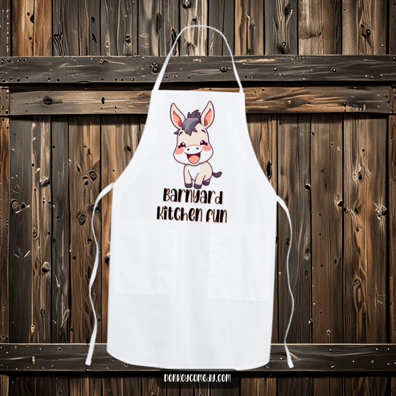 Funny kawaii donkey with perked ears, braying happily with amusement, printed on a humorous cooking apron.