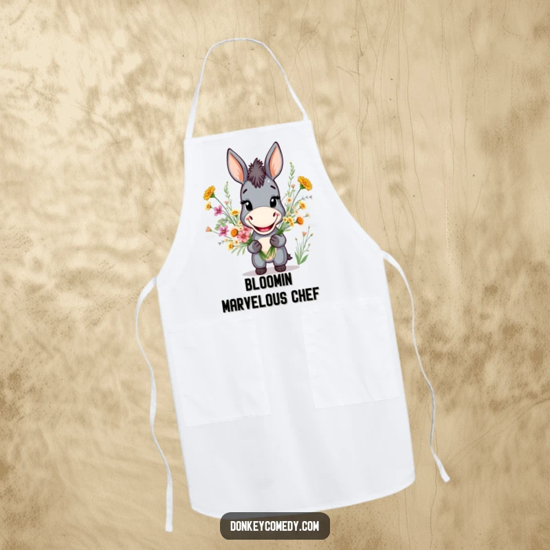 Funny apron showing a grinning donkey holding a bouquet of wildflowers, ideal for cooking and kitchen humor.
