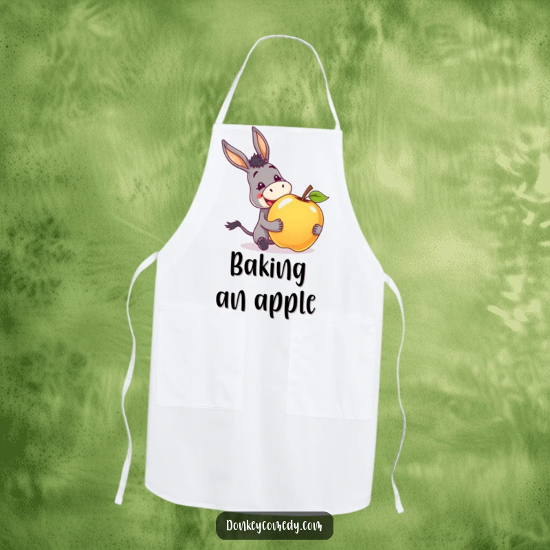 Funny apron featuring a donkey with an excited grin, happily receiving a giant apple, ready to cook with joy.