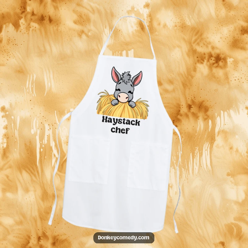 Funny Donkey Apron: A donkey peeks from a haystack, playfully winking, ready to add humor to the kitchen.