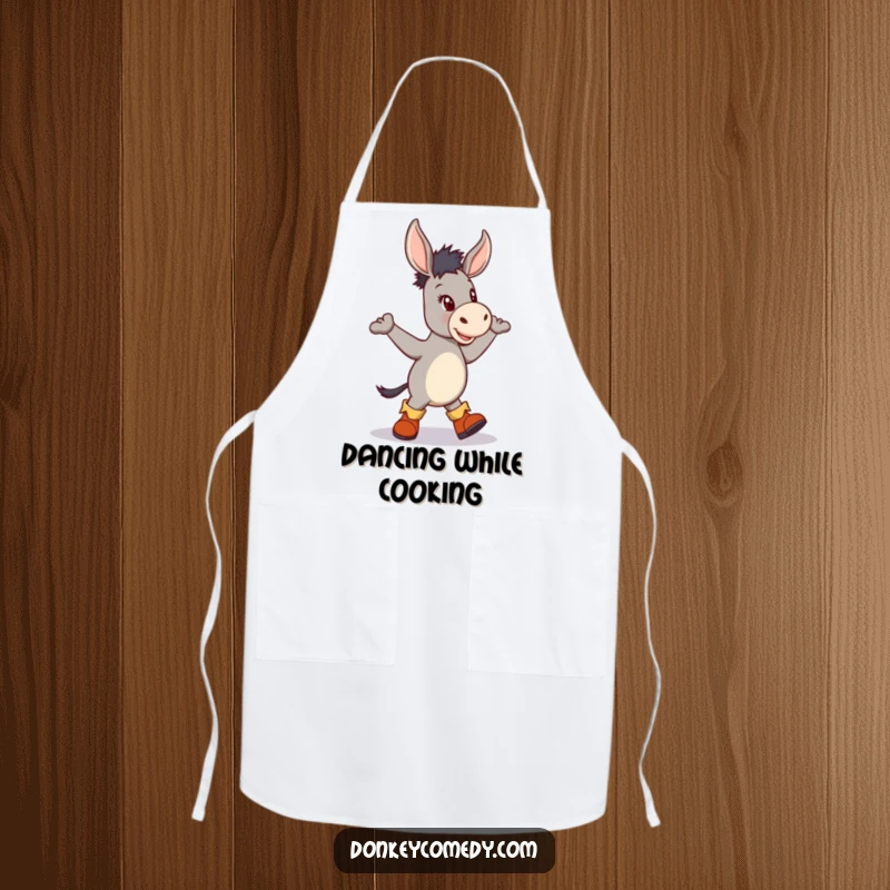 Funny apron depicting a donkey in small boots performing a lively jig, ideal for kitchen dancing enthusiasts.