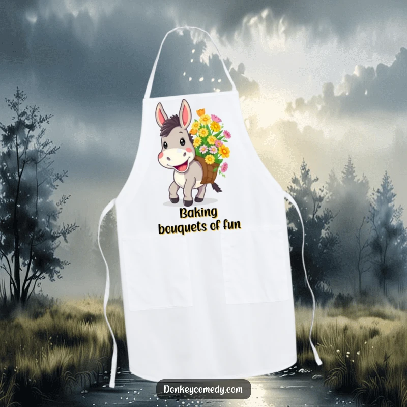 Funny apron showing a donkey with a wide, cheerful grin happily carrying a load of colorful flowers, perfect for a joyful cooking experience.