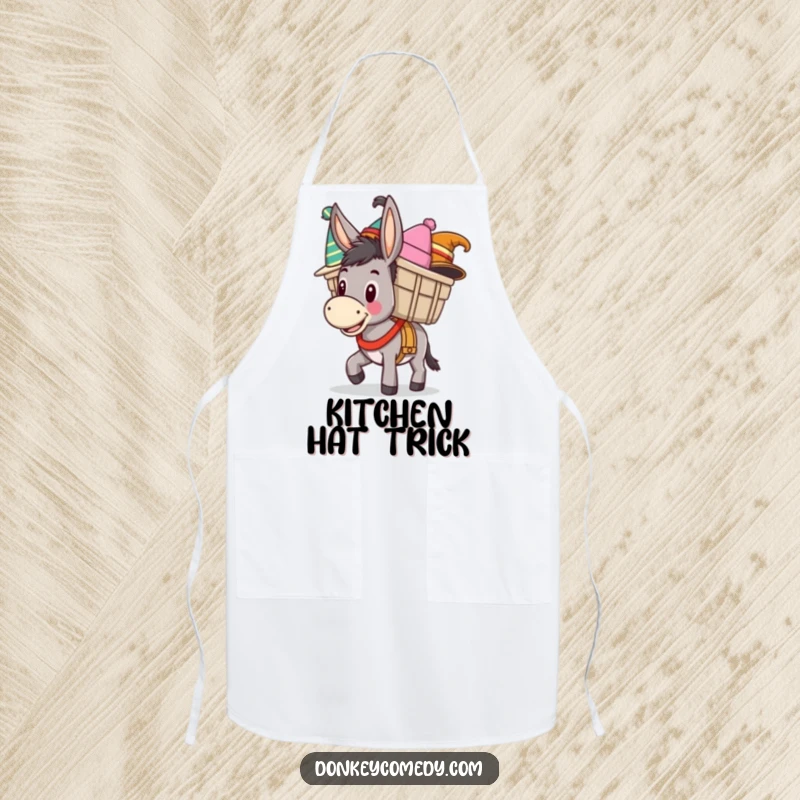 Funny kitchen apron with a happy donkey carrying a load of funny hats, perfect for chefs who love donkey humor.