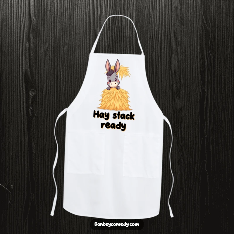 Funny Donkey Apron showing a donkey peeking over a very tall stack of hay, perfect for a humorous cooking experience.