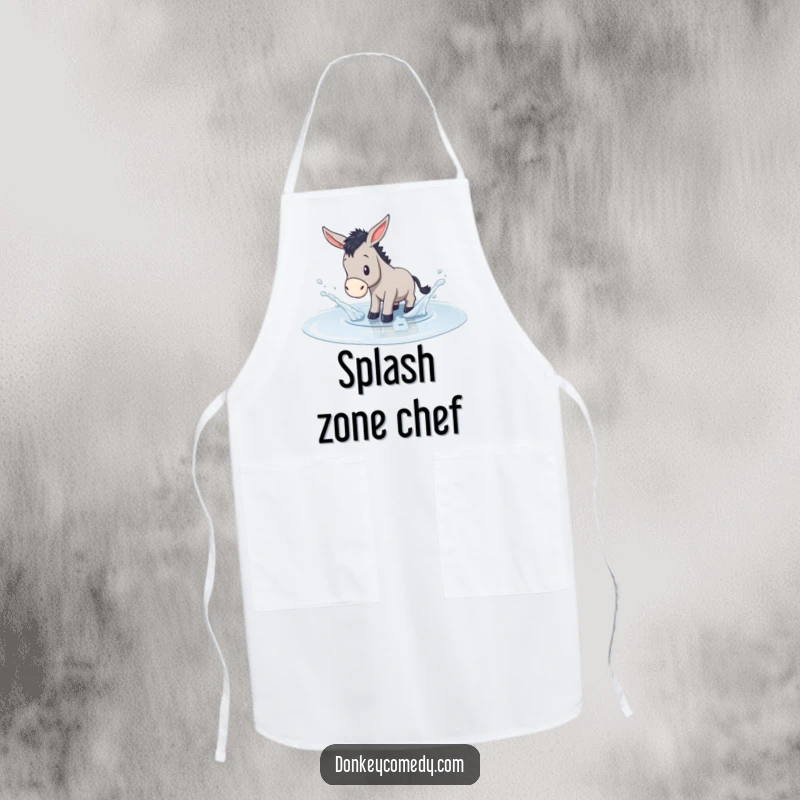 Funny apron design of a donkey playfully splashing in a shallow puddle, perfect for kitchen fun or messy crafts.