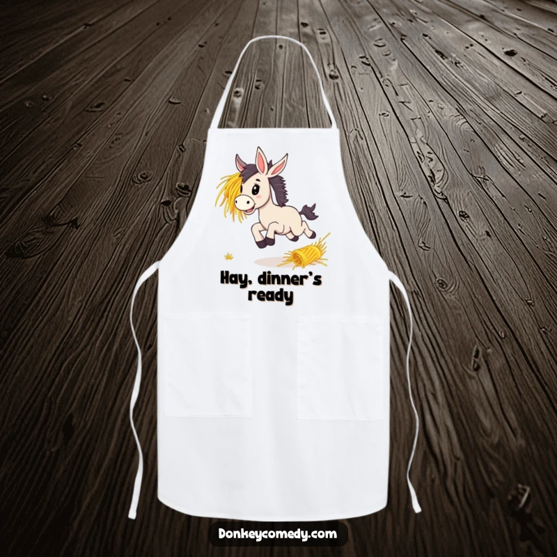 Funny donkey bounding with energetic delight after a rolling bunch of hay, featured on a practical and amusing kitchen apron.