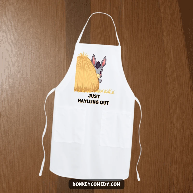 Funny apron design of a donkey playfully peeking out from behind a large haystack, perfect for kitchen humor.