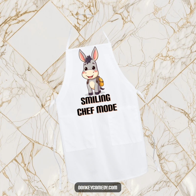 Kawaii donkey apron showcasing a smiling donkey with a small backpack, perfect for adding a cute and cheerful element to cooking.
