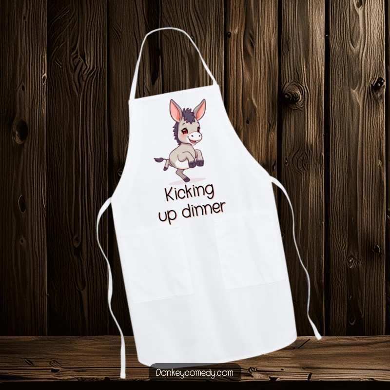 Funny small donkey with very large ears, joyfully kicking its hind legs in a playful manner, displayed on a practical kitchen apron.