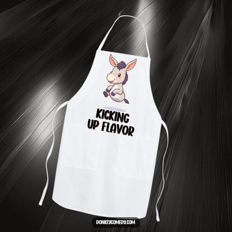Funny donkey apron depicting a floppy-eared creature joyfully kicking its legs, adding a whimsical and humorous element to kitchen activities.