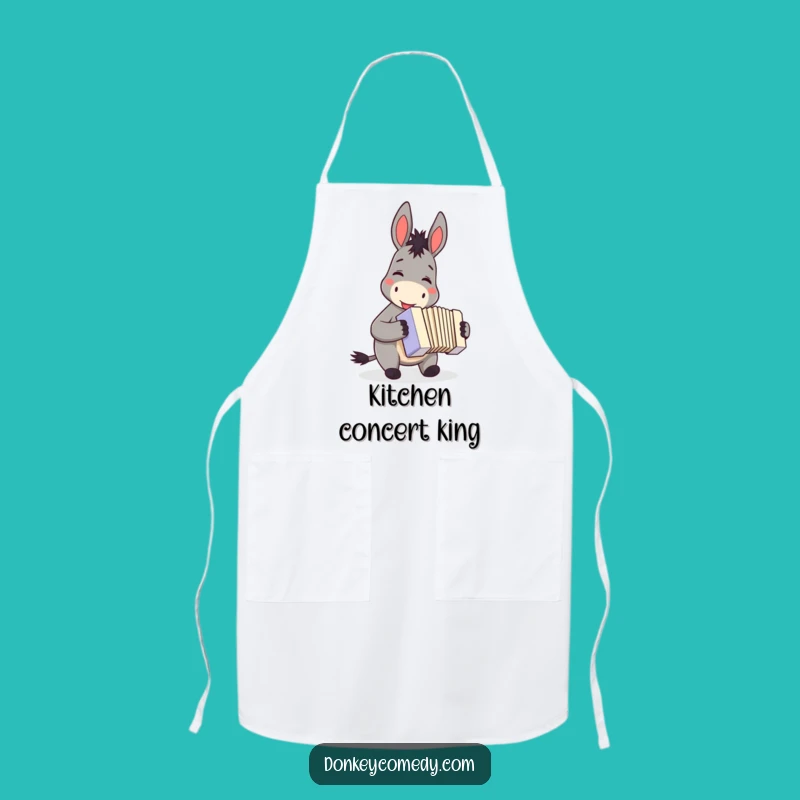 Funny donkey accordion apron, a musical kitchen gift, showing a smiling donkey playing tunes.