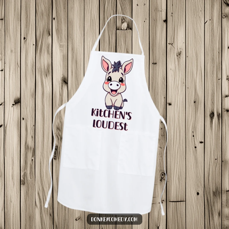 Funny kawaii donkey apron, showing a large-eared donkey joyfully braying, perfect for adding cartoon humor to the kitchen.