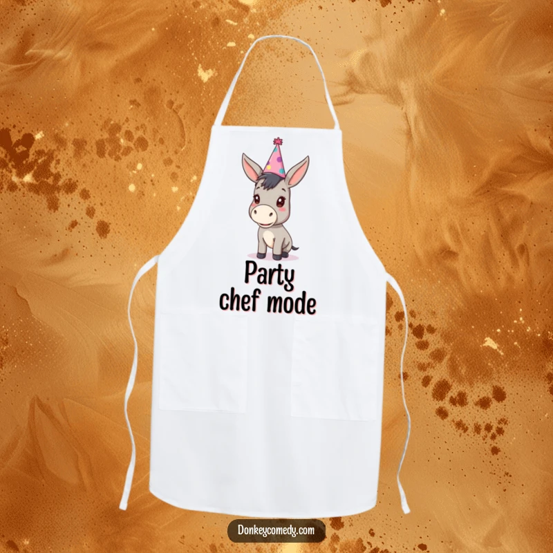 Funny kawaii donkey sporting an oversized party hat on a kitchen apron, suitable for humorous cooking and serving.