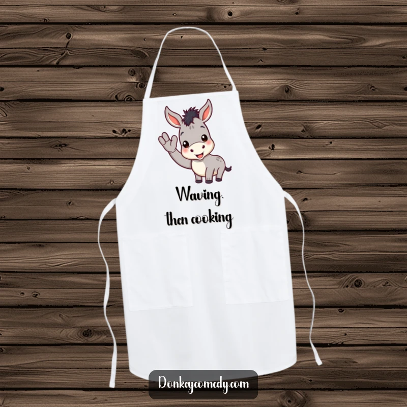 Funny donkey apron showing a cheerful donkey giving a friendly wave, ready for kitchen duty and spreading smiles.