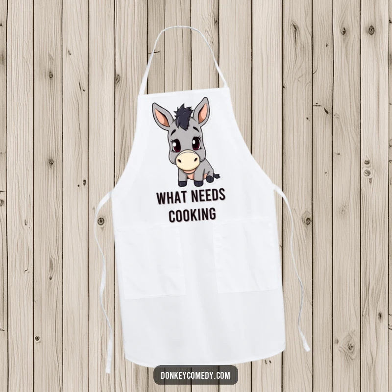 Funny apron showcasing a donkey in a classic head tilt pose, looking curiously as if asking a question.
