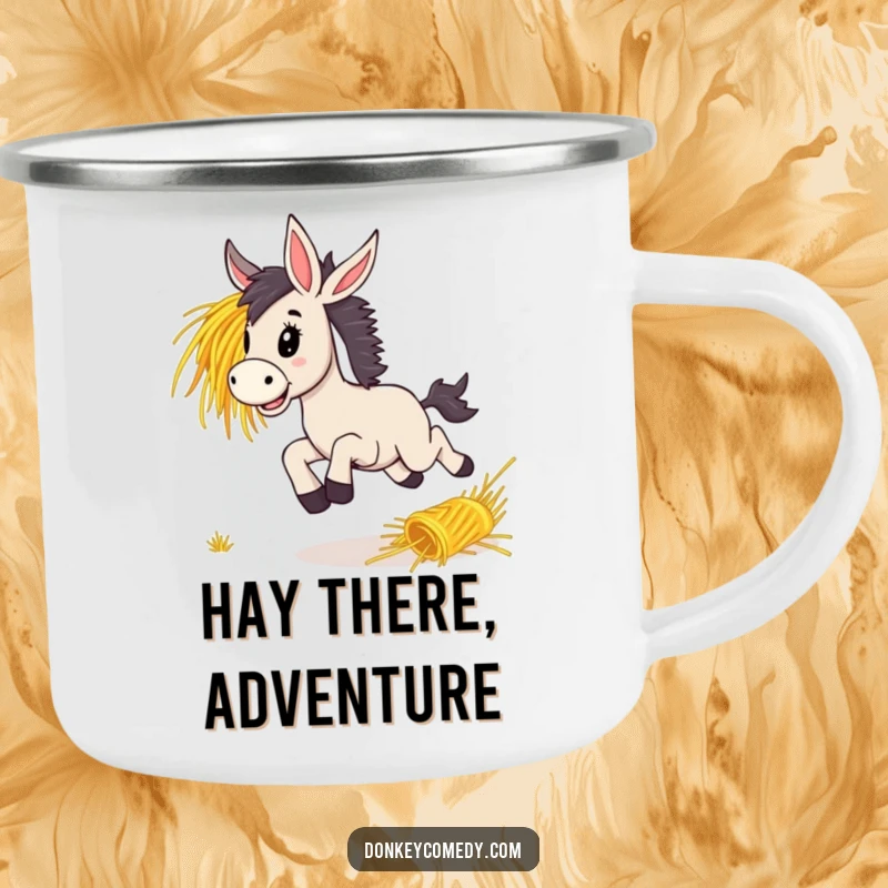 Funny donkey bounding with energetic delight after a rolling bunch of hay, ready for adventure on a sturdy camping mug.