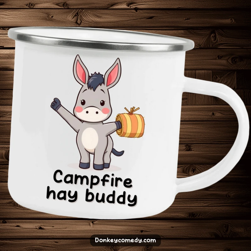 Funny camping mug featuring a donkey enthusiastically waving a striped hay bale, perfect for enjoying drinks outdoors.