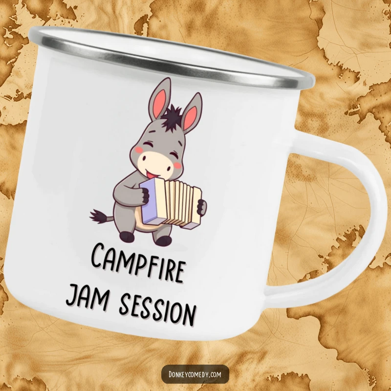 Funny donkey accordion camping mug, smiling while playing a small accordion, ready for outdoor serenades and humorous moments.