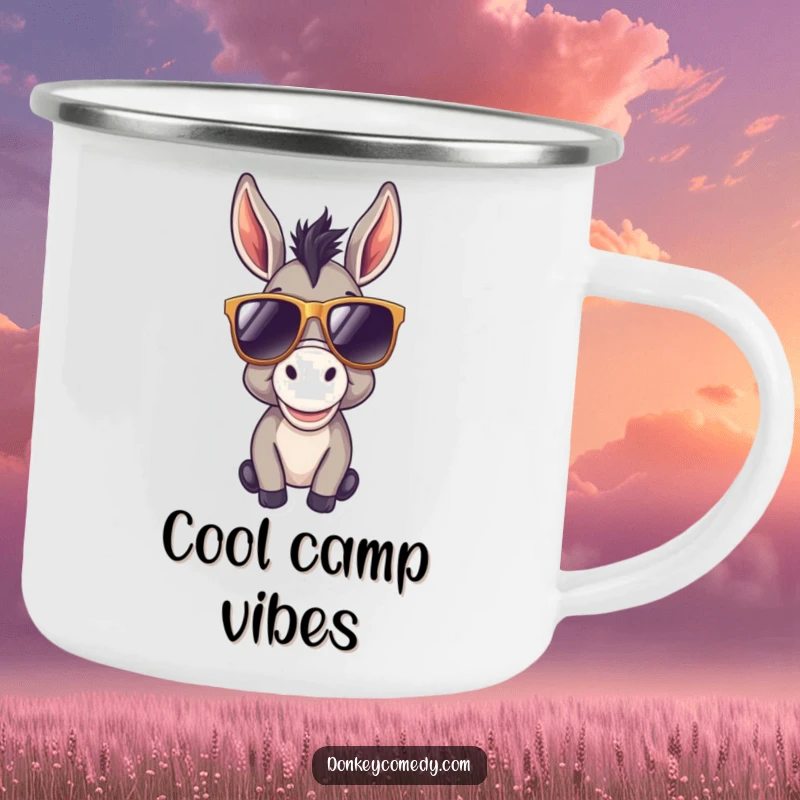 Funny donkey camping mug featuring a cool donkey wearing oversized sunglasses, perfect for enjoying drinks outdoors with a stylish and happy demeanor.