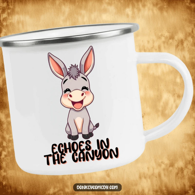 Funny camping mug with a joyful donkey with oversized ears braying, built for outdoor fun and amusement.