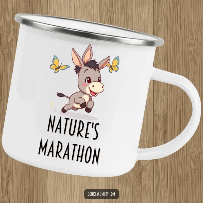 Funny camping mug featuring a joyful donkey enthusiastically chasing a butterfly, perfect for outdoor enthusiasts who love humor.