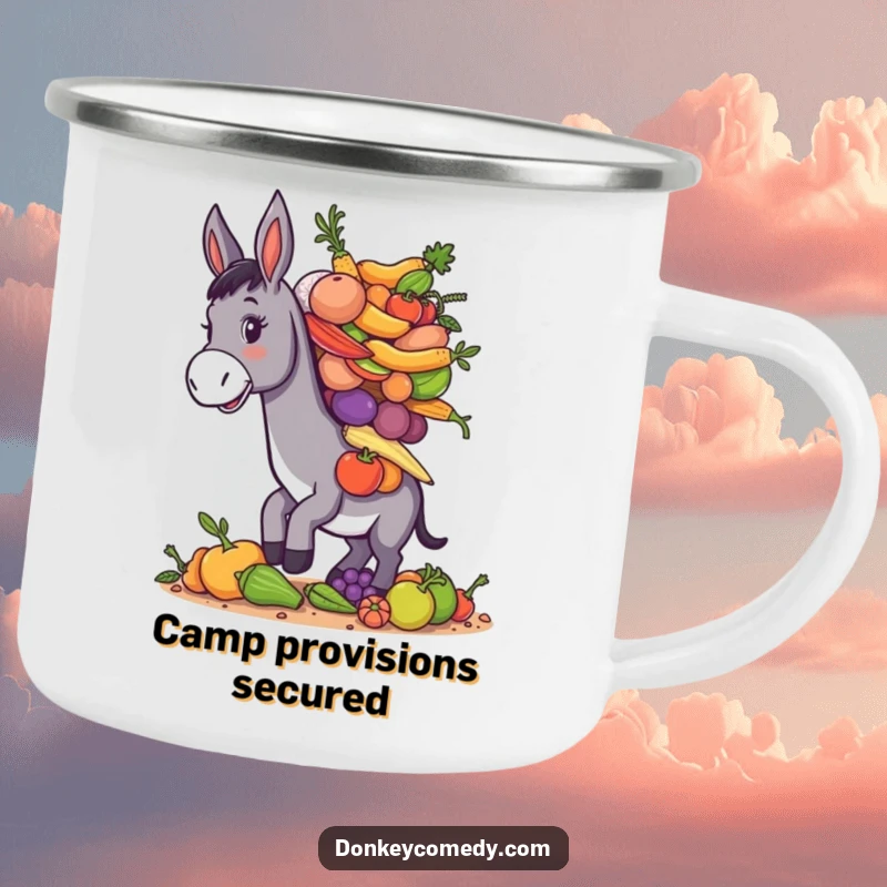 Funny donkey balancing a pile of assorted farm produce, durable and humorous camping mug.