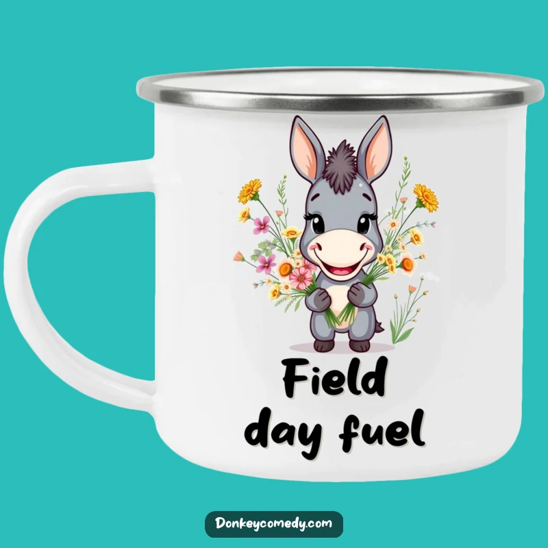 Funny Donkey Grin Camping Mug: Outdoor Cheer with Flower Bouquet Fun