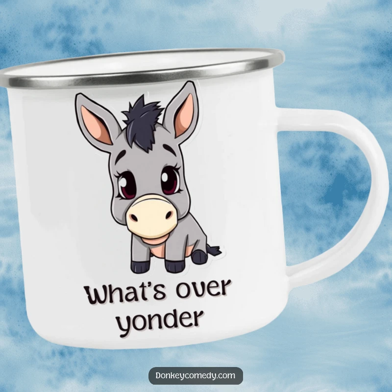 Funny camping mug featuring a donkey with a curious head tilt, designed for adventurers who love to question.