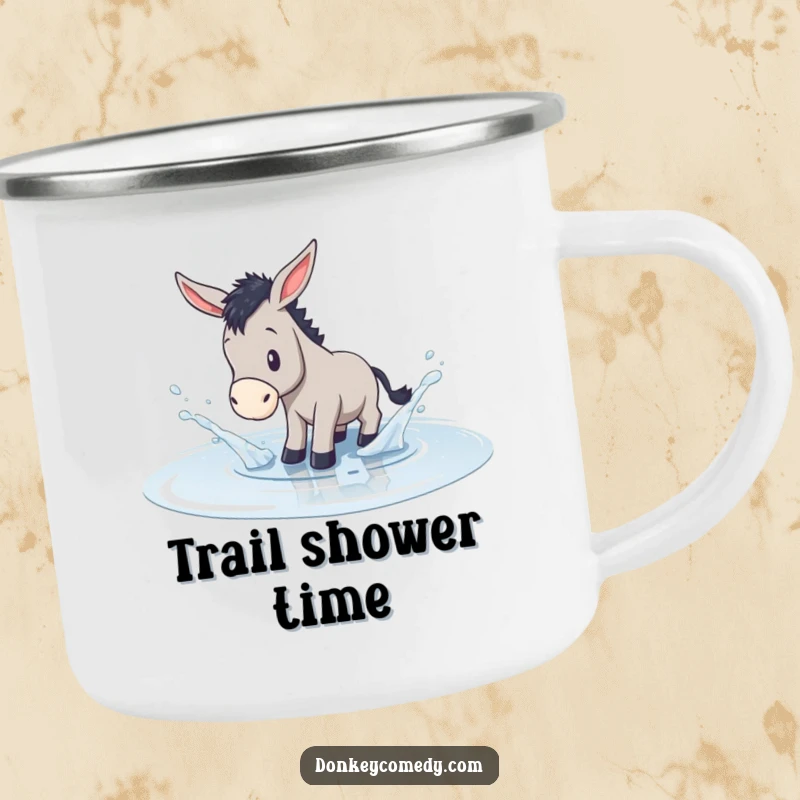 Funny camping mug with a donkey gleefully splashing in a shallow puddle, perfect for outdoor fun.