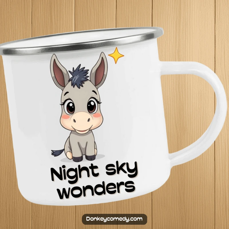 Funny Donkey Star Gazing Camping Mug: An enamel mug featuring a donkey with wide eyes looking at a star, for funny night adventures.