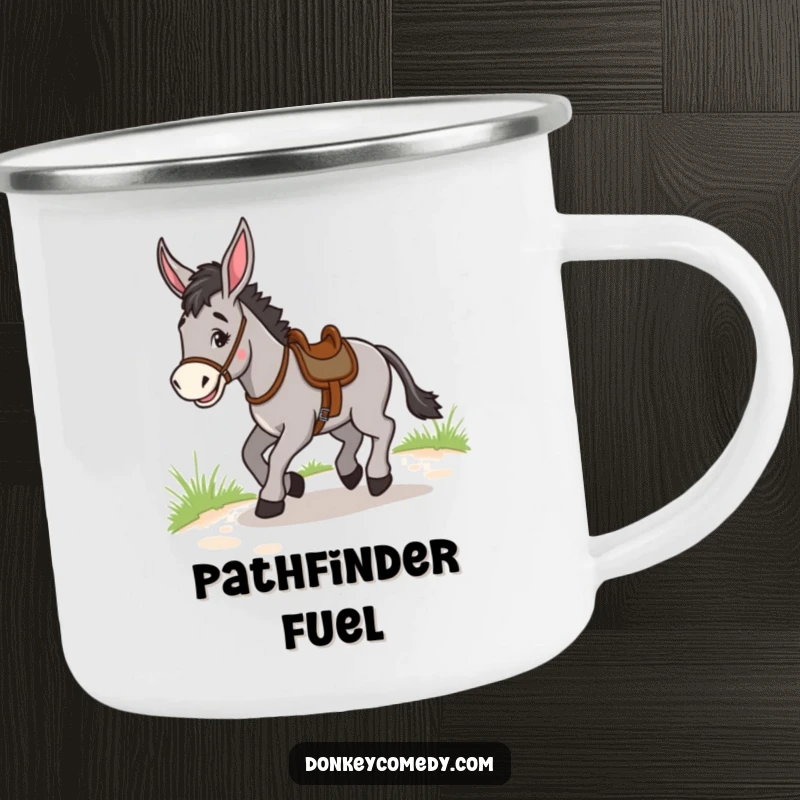 Funny Donkey Trotting Camping Mug: An enamel mug featuring a donkey joyfully trotting, perfect for funny outdoor mornings.