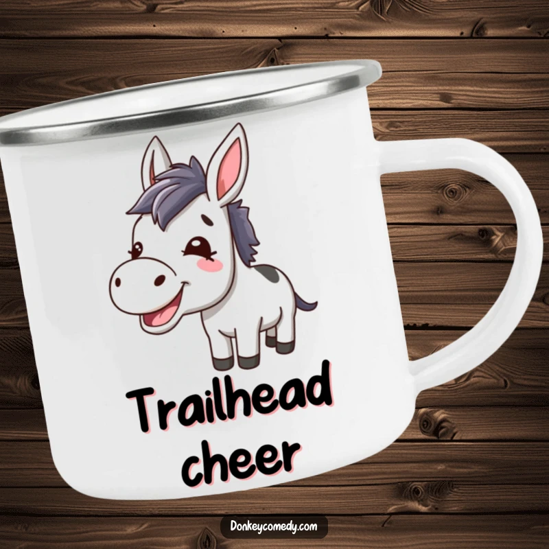 Funny Kawaii Donkey Braying Camping Mug: A rugged mug with a happy braying donkey, perfect for sipping coffee outdoors with a laugh.