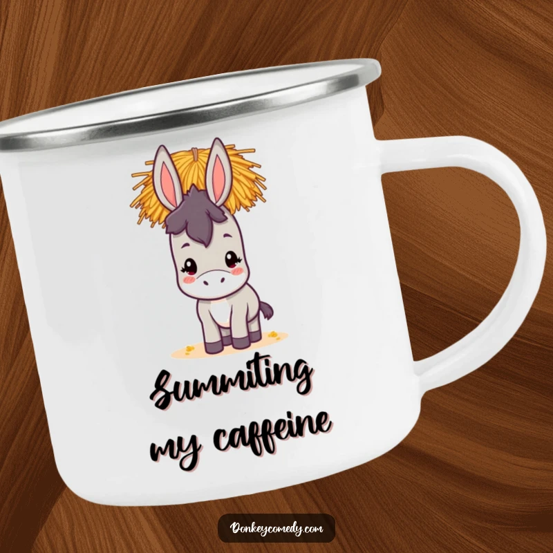 Funny kawaii donkey camping mug showing a cute donkey balancing a large stack of hay on its head, ready for outdoor use.