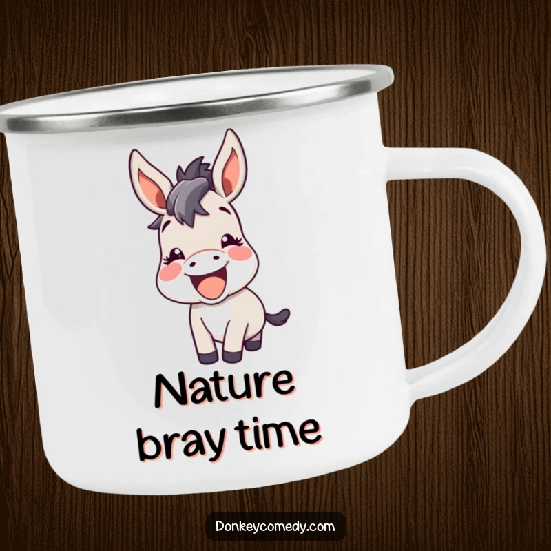 Funny kawaii donkey with perked ears, braying happily with amusement, on a camping mug.