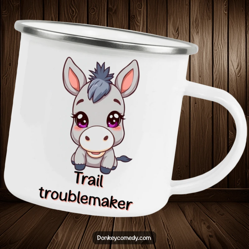 Funny Kawaii Donkey Mischief Camping Mug: A sturdy mug with a donkey’s mischievous twinkle, ideal for enjoying drinks outdoors with a sly smile.