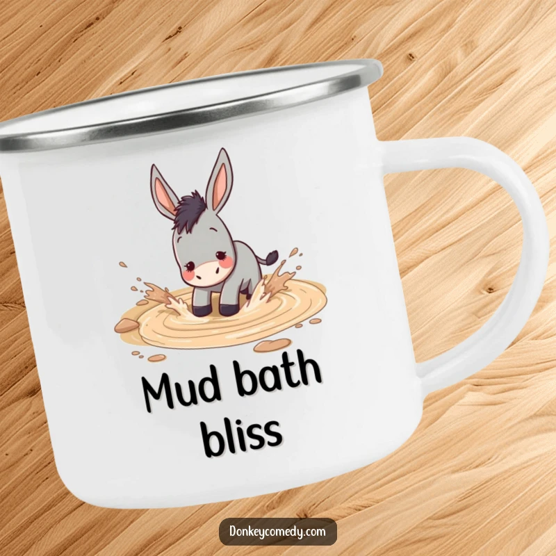 Funny donkey gleefully splashing in a muddy puddle, durable and humorous camping mug.
