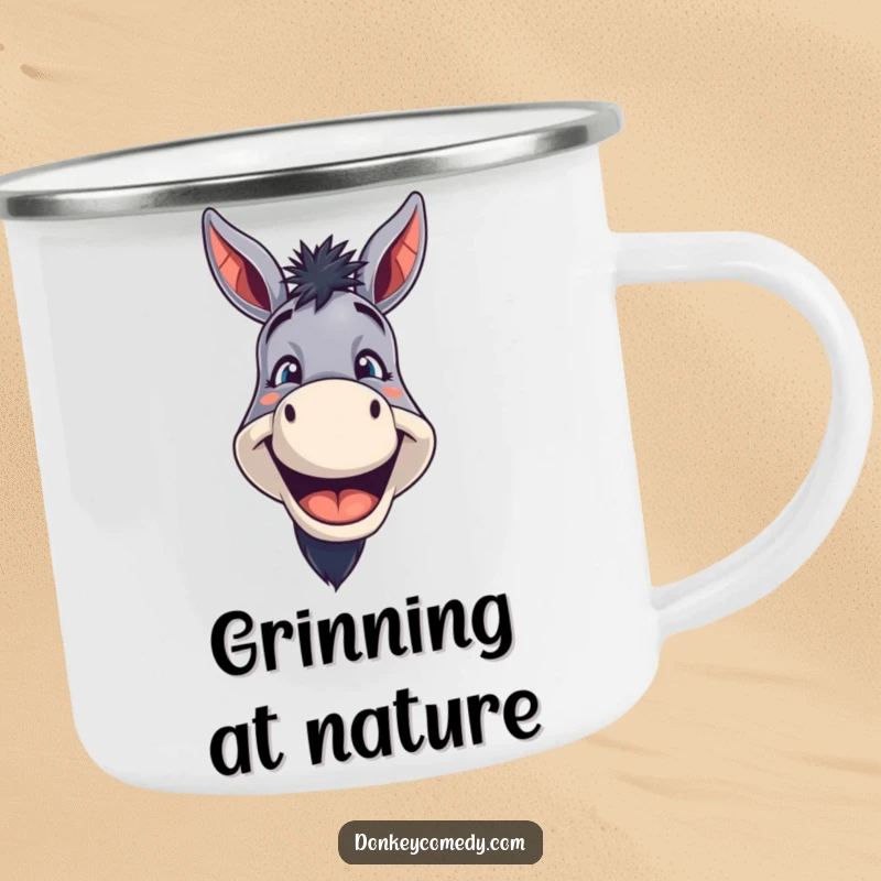 Funny Donkey Camping Mug depicting a donkey with a wide, toothy grin, perfect for enjoying drinks during outdoor activities with cheer.