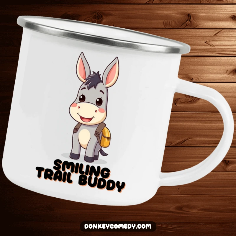 Kawaii donkey camping mug showing a smiling donkey with a small backpack, perfect for enjoying drinks on the go with adorable cheer.