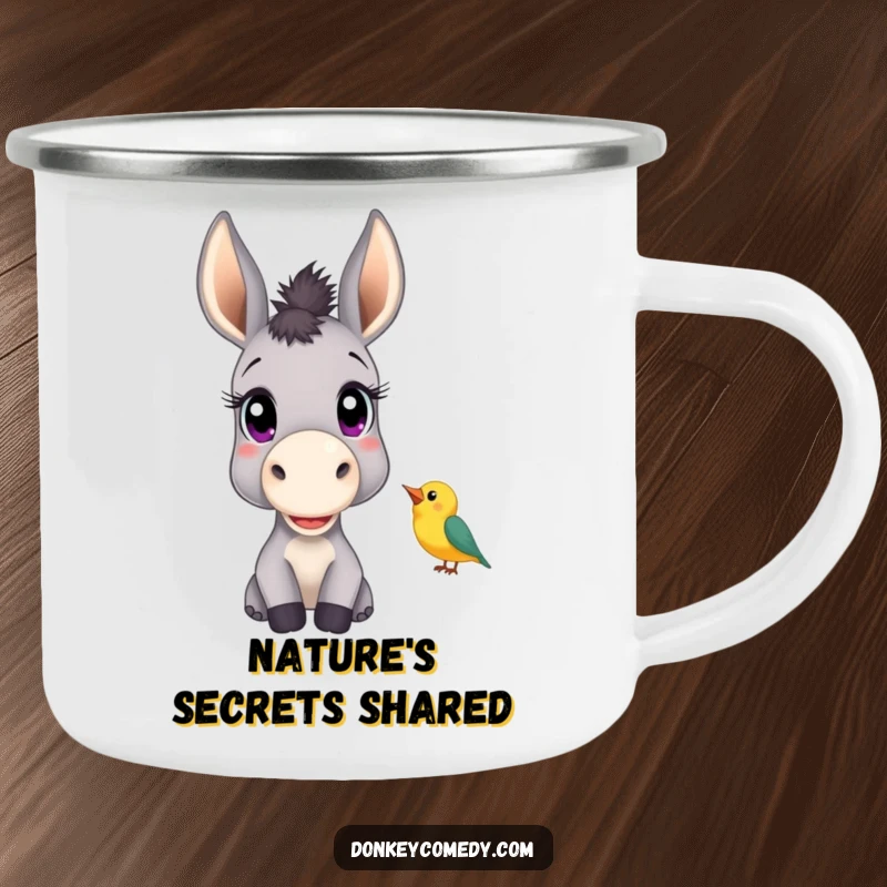 Funny camping mug with a donkey with big, curious eyes listening to a chirping bird, perfect for serene outdoor moments.