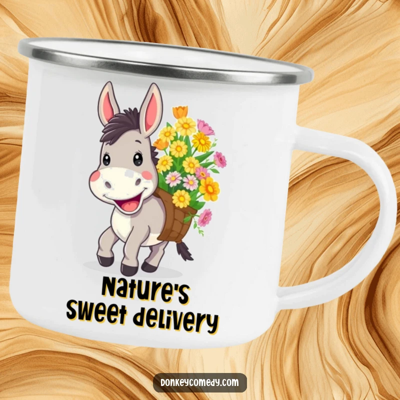 Funny camping mug with a donkey with a wide, cheerful grin carrying a load of colorful flowers, perfect for outdoor cheer.