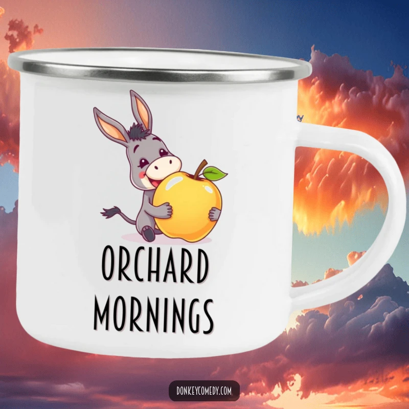 Funny camping mug showing a donkey with an excited grin, happily receiving a giant apple, ready for adventure.