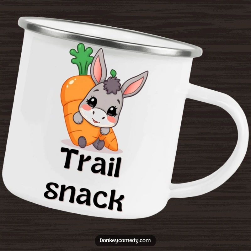Funny donkey carrot camping mug, a character peeking from behind a large ripe carrot, perfect for outdoor laughs.