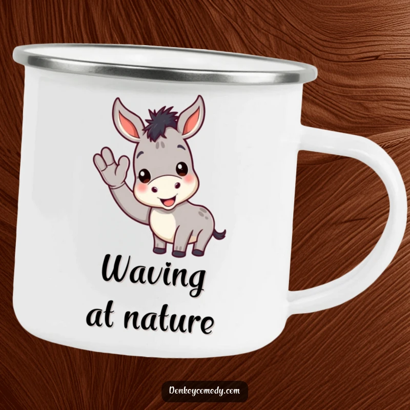 Funny donkey camping mug showing a cheerful donkey giving a friendly wave, ready for outdoor enjoyment and warm greetings.