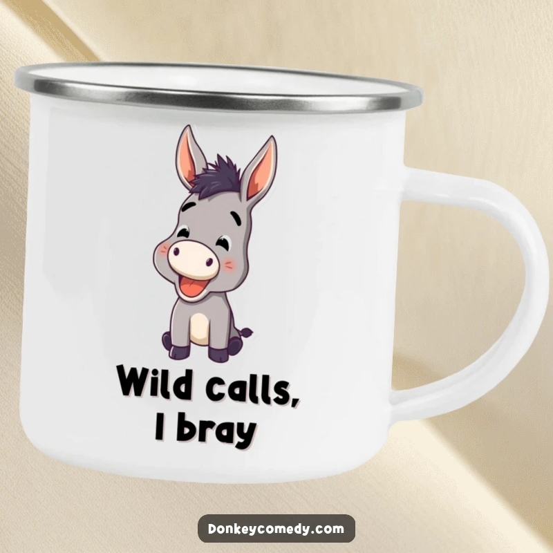 Funny Donkey Camping Mug showing a donkey with a cheerful bray, ears high, perfect for enjoying drinks outdoors with a funny spirit.
