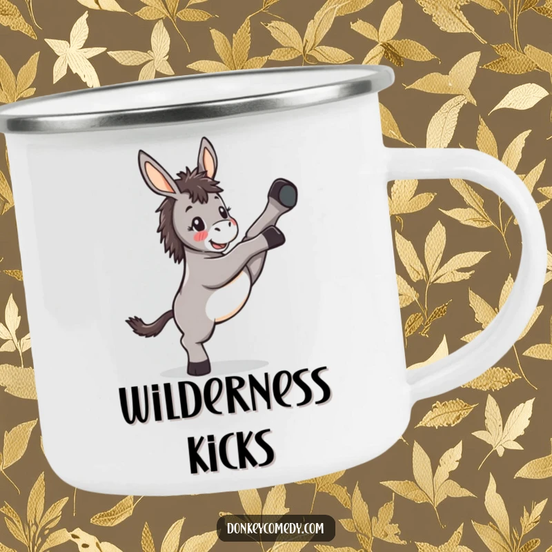 Funny Kawaii Donkey Kicking Camping Mug: A sturdy mug featuring a donkey kicking its legs, ideal for enjoying drinks outdoors.