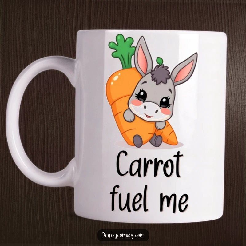 Funny donkey mug, character peeking from behind a large ripe carrot, capturing a moment of playful curiosity.