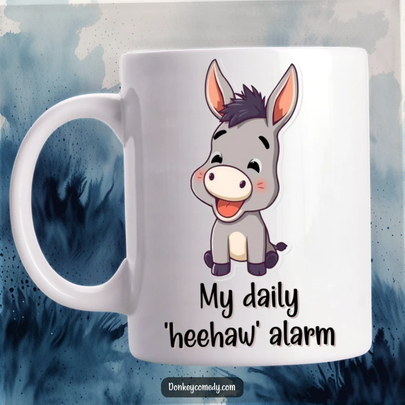 Funny Donkey Mug with ears perked high, captured mid-cheerful bray, radiating pure happiness and a funny, lively spirit.