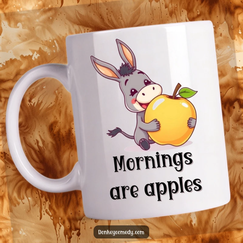 Funny mug featuring a donkey with an excited grin, happily receiving a comically large apple.