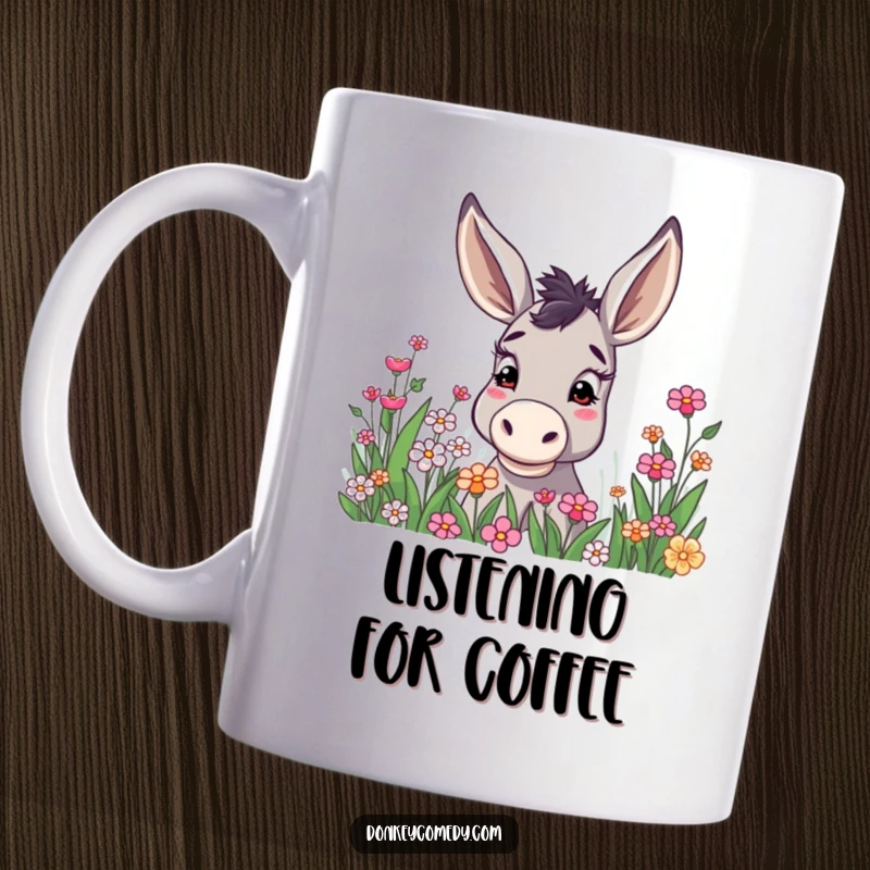 Funny donkey with ears held high, curiously peering into a colorful flower patch, a scene of gentle exploration.