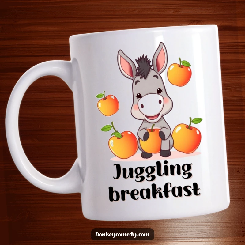 Funny Donkey Mug: A donkey with a mischievous grin juggles three juicy apples, showcasing its playful talent.